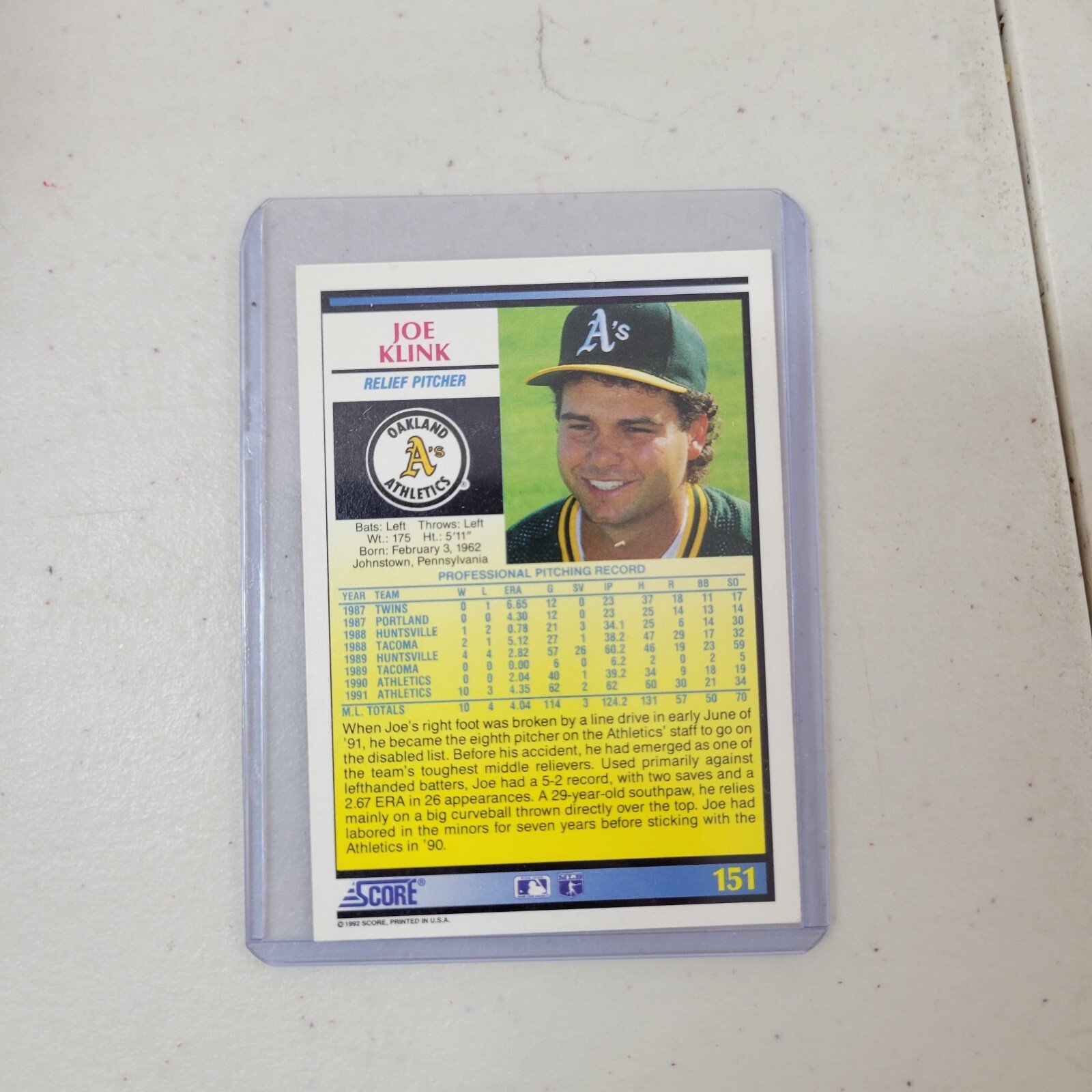 1992 Score #151 JOE KLINK Oakland Athletics | eBay - Image 2