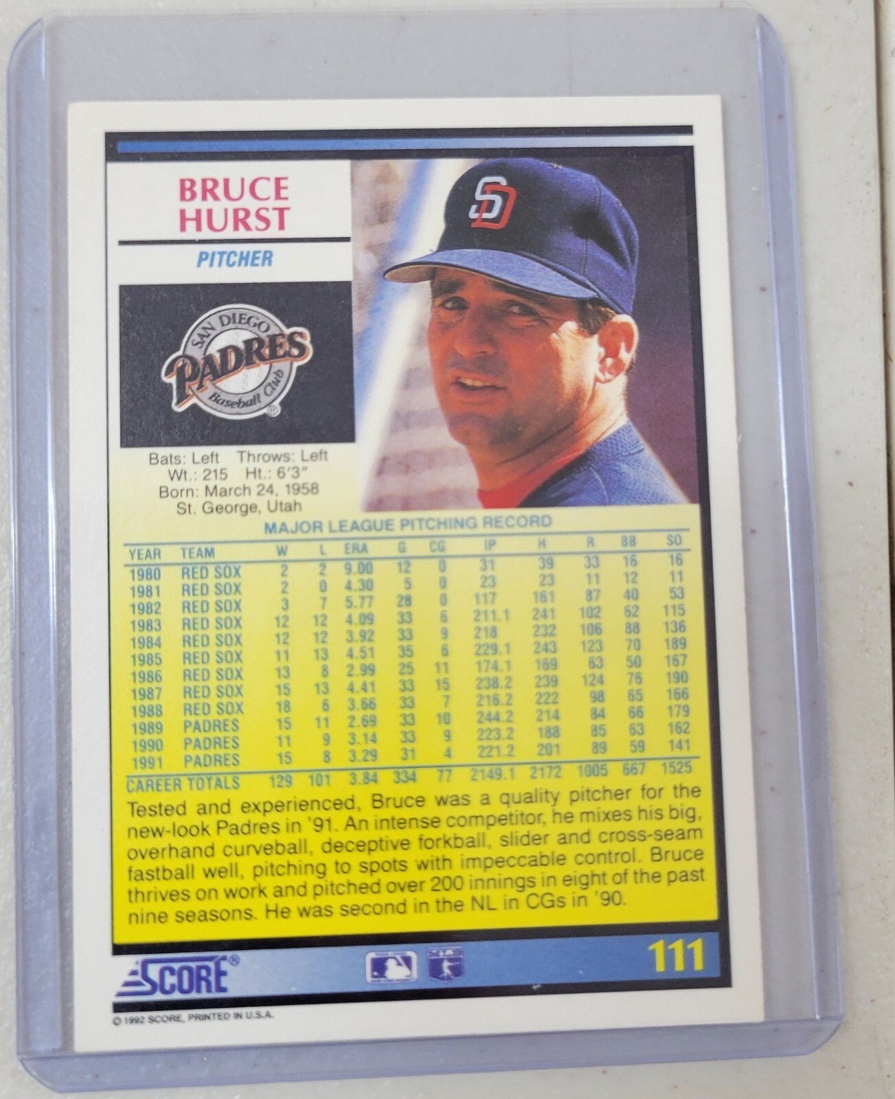 1992 Score #111 Bruce Hurst Padres | eBay - Image 2